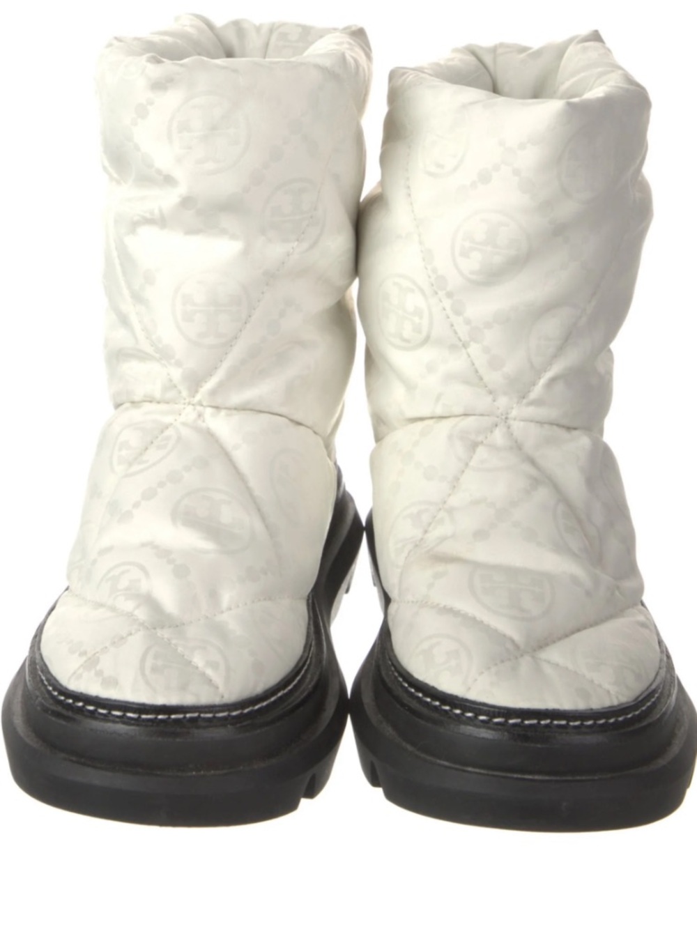 Tory Burch Off-White Quilted Logo Puffer Winter Boots with Black Sole